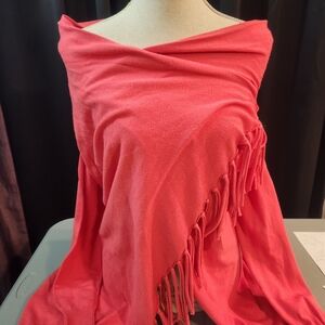 Coral Asymmetrical Fringe Wrap Cardigan Sweater w/ Buttons